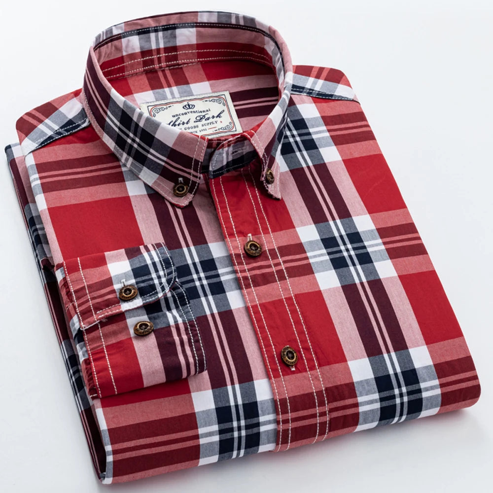 Men's 100% Cotton Plaid Long Sleeve Casual Shirt, Spring Autumn Lightweight & Breathable Slightly Slim Fit Button Down Shirts