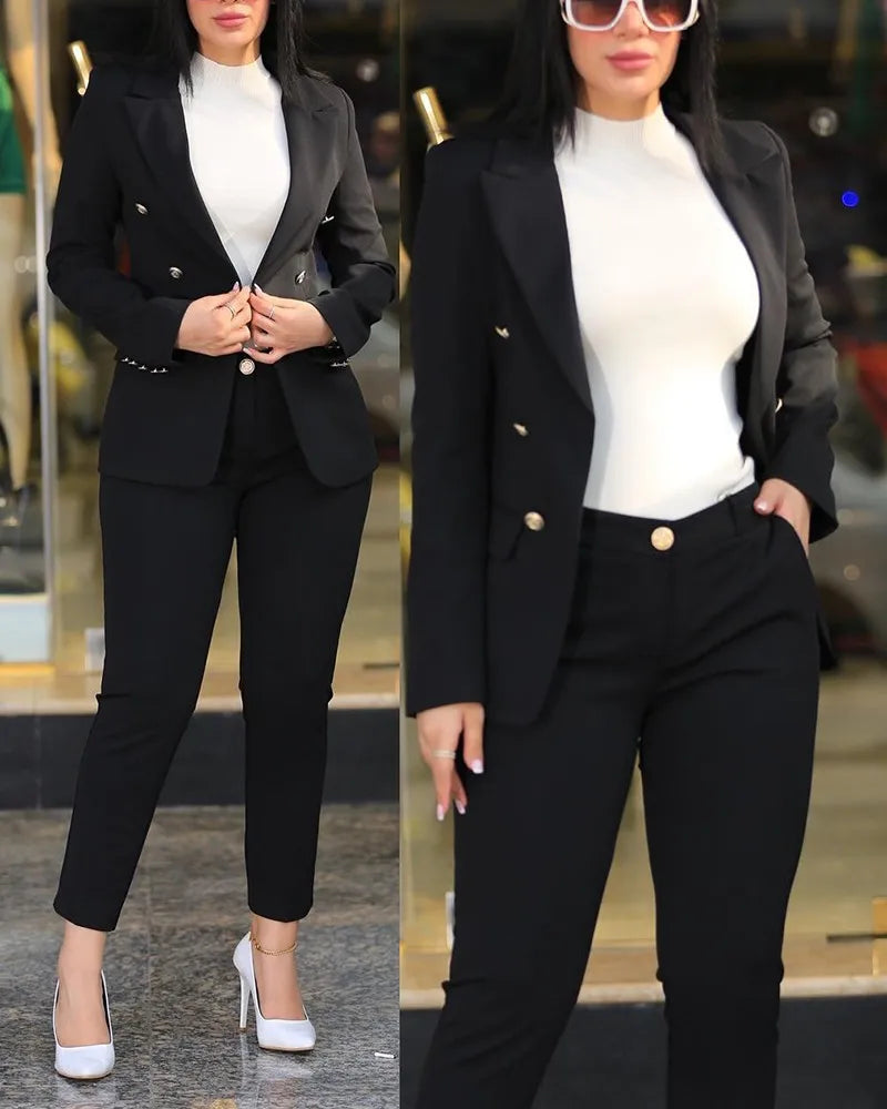 2Pcs Women's Solid Color Suit + Trousers Two-Piece Set Slim Fit Business Fashion Double Breasted Formal Female Clothes Outfit
