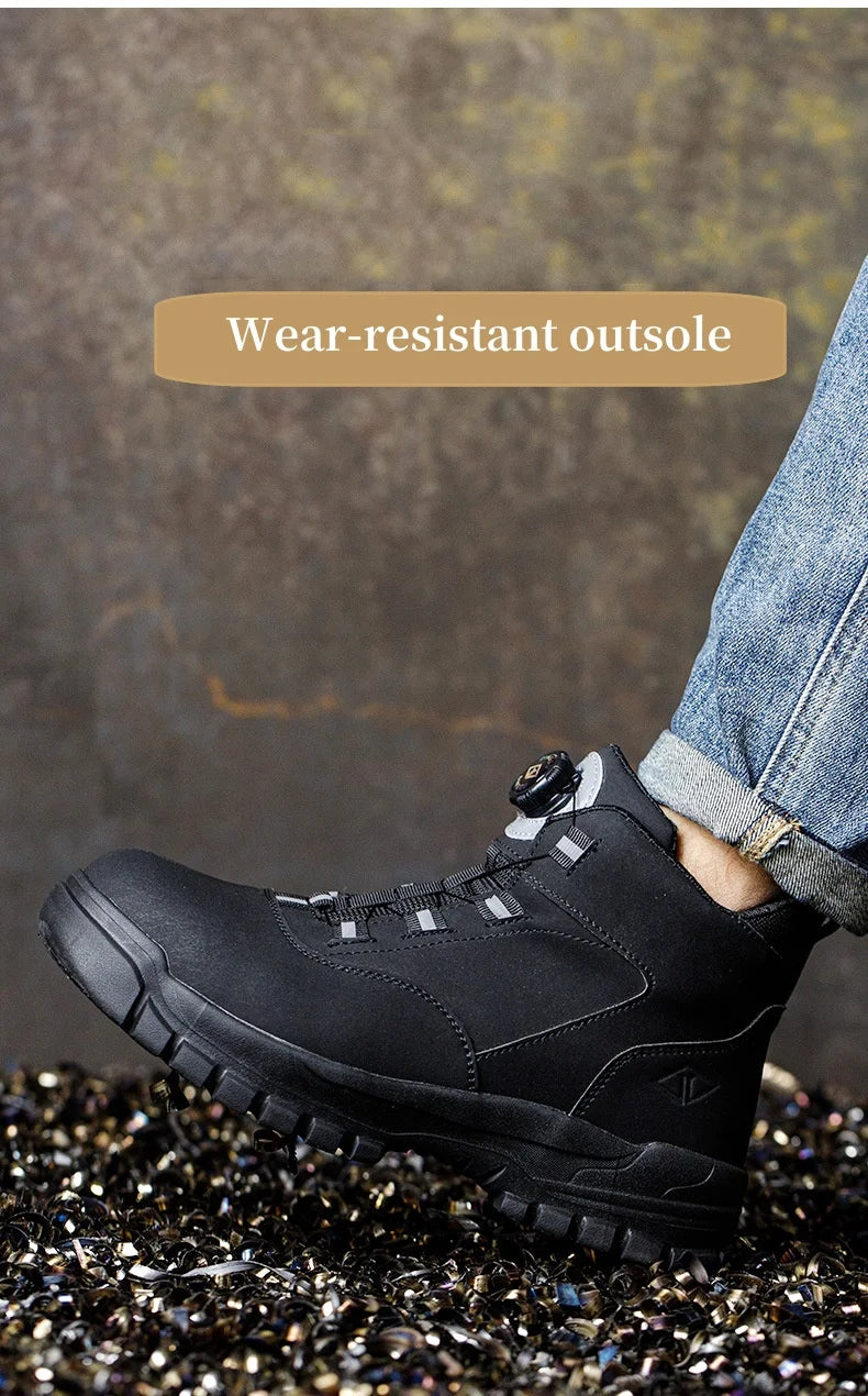 WOUDHONY Work Shoes Men Anti-smashing Anti-puncture Safety Shoes Rotating Buttons Autumn Winter Protective Work Safety Boots