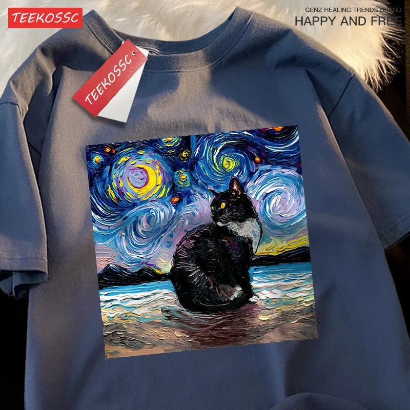 Oil Painting Starry Sky Cat Tshirts Men Women Oversized Cotton Clothing Fashion Summer T-Shirt High Quality Brand Loose Shirts