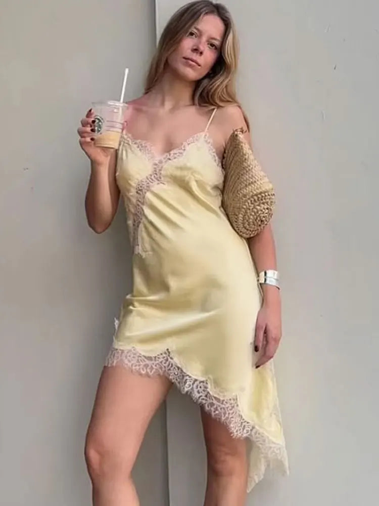 HH Female Summer Fashion Lace Splicing Dresses Solid Sleeveless Asymmetry Backless Slim Women's Sexy Party Sling Mini Dress