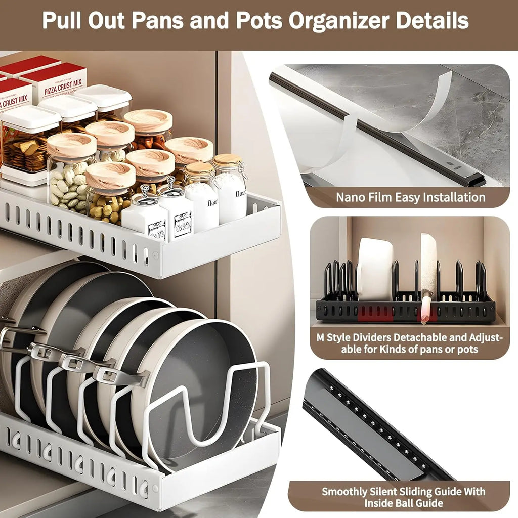 Pull-out pot rack organizer with adjustable shelves, space-saving kitchen cabinet storage