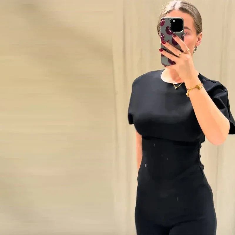 Sexy Solid Top Trousers Set Women Short Sleeve Backless Tops Long Slim Pants Sets Female 2026 Chic Summer Autumn Lady Suits New
