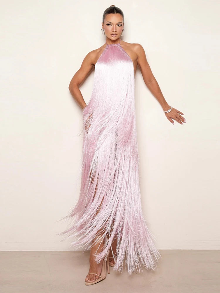 Party Women's Dress Halter Sleeveless Backless Tassel Solid Female Long Holiday Dresses 2026 Summer Fashion Elegant Lady Robe