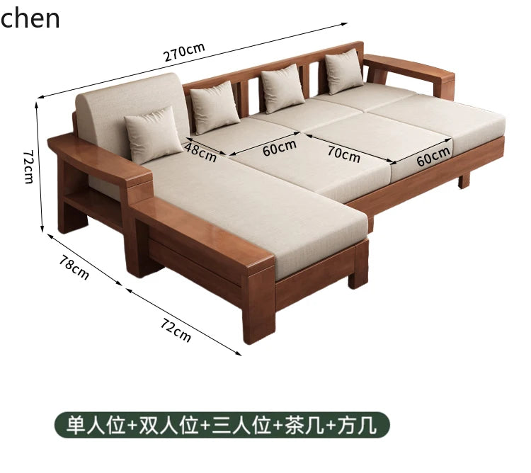 Solid Wood Sofa Living Room Home Use Full Solid Wood Furniture Set Small Apartment Dual-use Natural Wood Sofa Bed