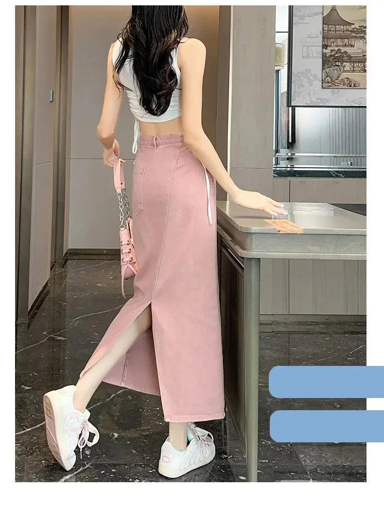 New Summer Women's 100% Cotton Denim Shorts Pink High-waisted Slit Retro Elegant Fashionable Casual Denim Long Skirt Female