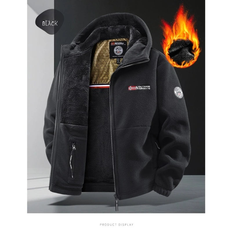 CHUJIE Men's autumn and winter fleece fashion graphenewarm hooded jacket outdoor hiking sports with thick fleece cardigan jacket