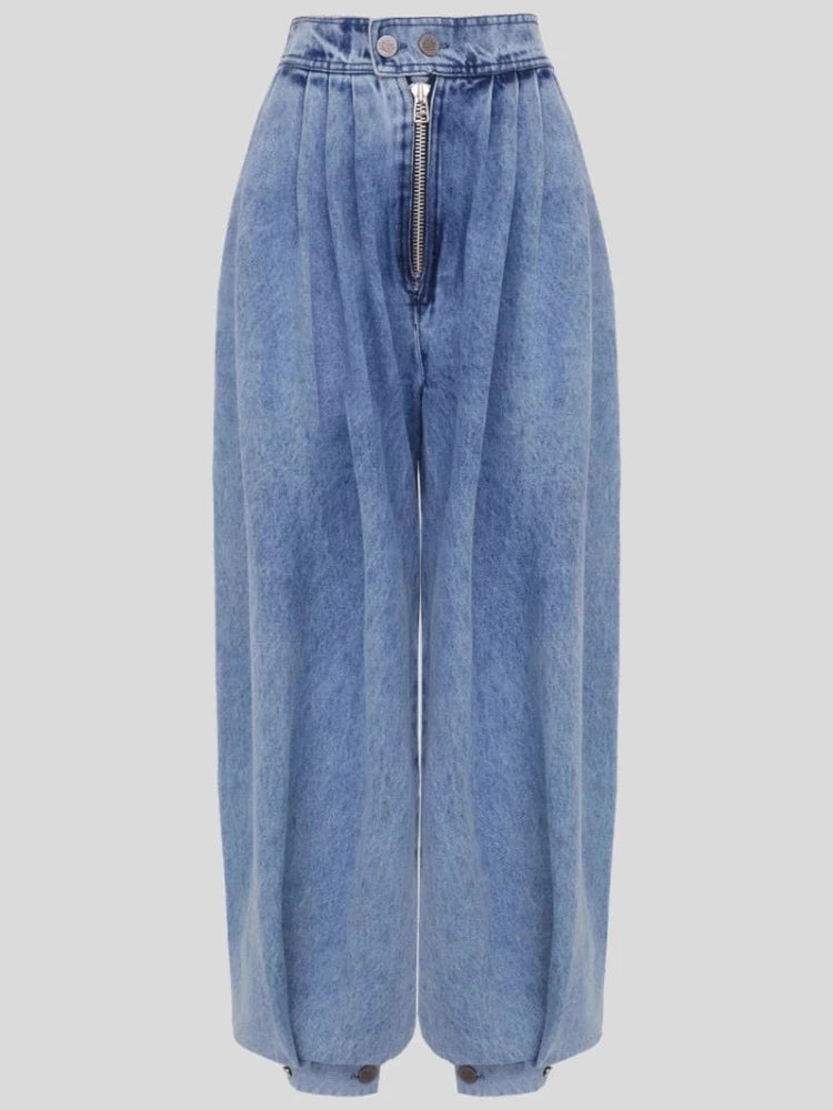 HOUZHOU Vintage Blue Jeans Women Casual Baggy High Wiast Zipper Denim Trousers Grunge Retro Femal Wide Leg Washed Balloon Pants