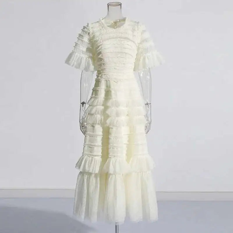 Eshin Elegant Midi Dress Short Sleeve Summer Spring New Fashion Design Women Runway Mesh Ruffles V-Neck Party High Street TH6731