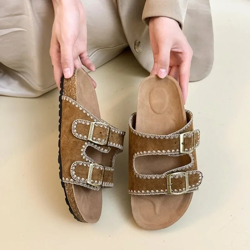 Women's Flat Slide Sandals Open Toe Suede Look Double Buckle Strap Slip on Whipstitch Detail Casual Summer Daily Walking Shoes