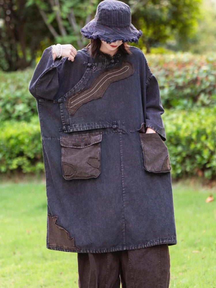Amax LuluE Spring Chinese Womens Casual Oversized Patchwork Denim Dress Ladies Vintage Loose Fashion Vestidos Classic Clothing