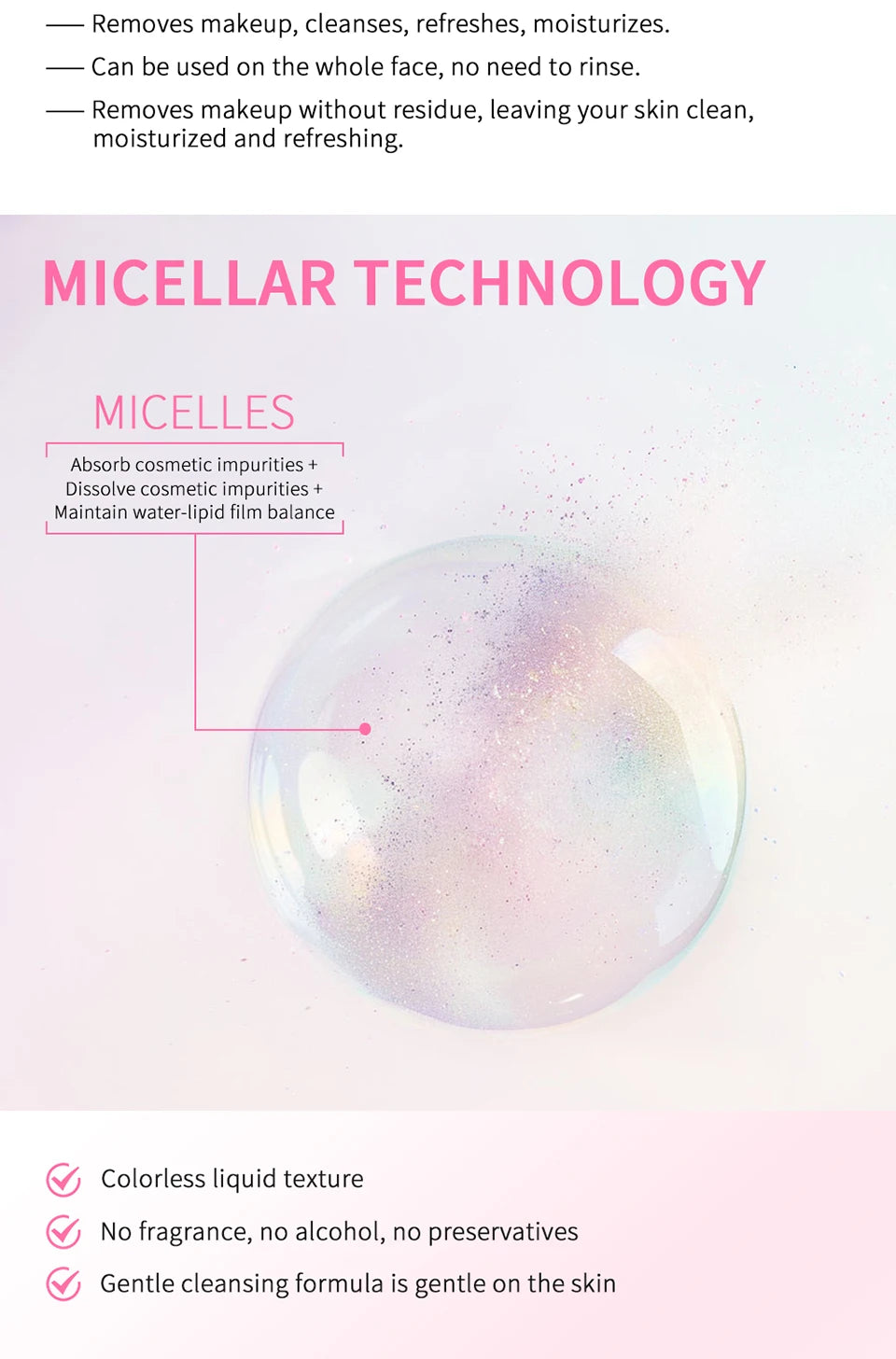 Gentle Micellar Cleansing Water All Skin Types No-Rinse Face Eye Lip Makeup Remover Moisturizing Soothing Skin Tonic