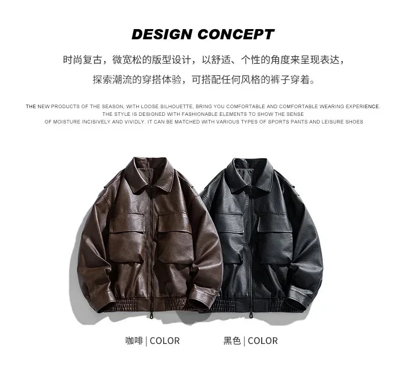 Men Trend Motorcycle Leather Jacket Bomber Pilot Retro Loose Pu Short Leather Jacket Autumn Winter New Lapel Big Pocket Coat
