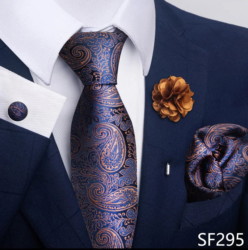 Hot Sale Luxury 8 Cm Blue Floral Ties Pocket Square Cufflinks Brooch Set For Man Suit Accessories Holiday Gift Fit Formal Party
