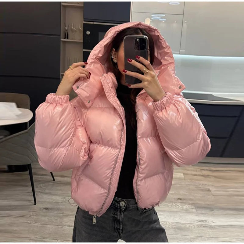 Chic Glossy Zipper Hooded Coat Women's Warm Elastic Waist Pleated Cropped Puffer Jacket 2026 Winter New Lady High Street Outwear