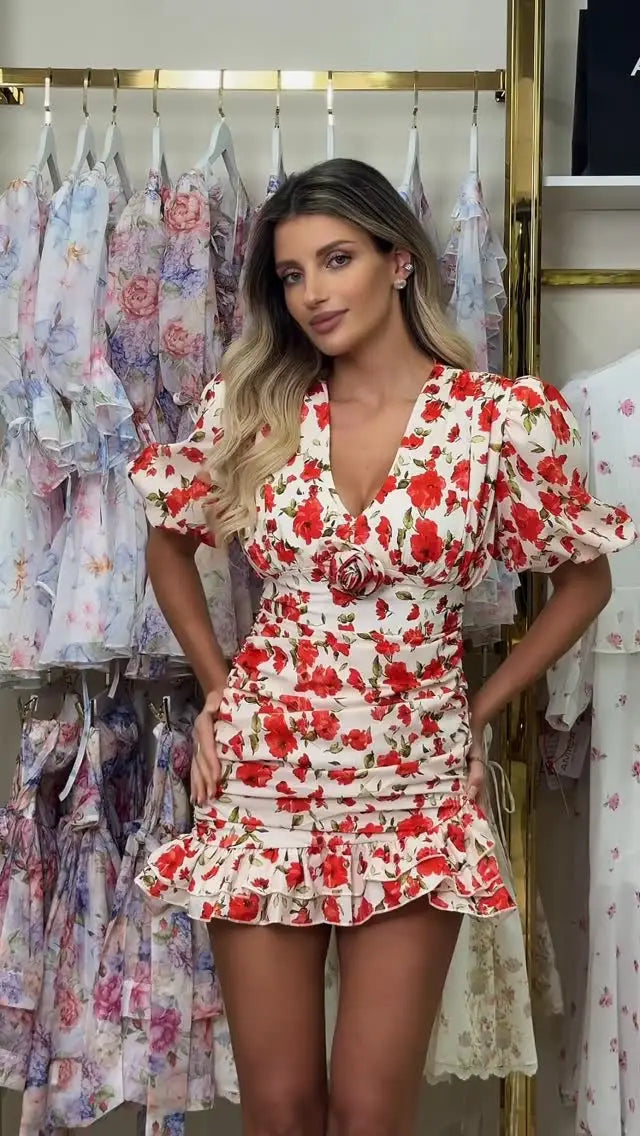 Fashion Women V Neck Printed Short Dress Puff Sleeve Waist-cinching Lace Up Mini Dresses Lady Chic Daily Street Gown 2026 Summer