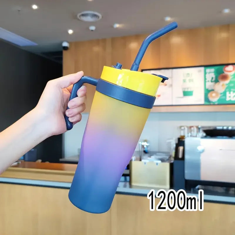1200ml Large Capacity Gradient Frosted Sports Water Bottle Tumbler for Car Gym Outdoor Travel Reusable BPA Free Cup with Straw