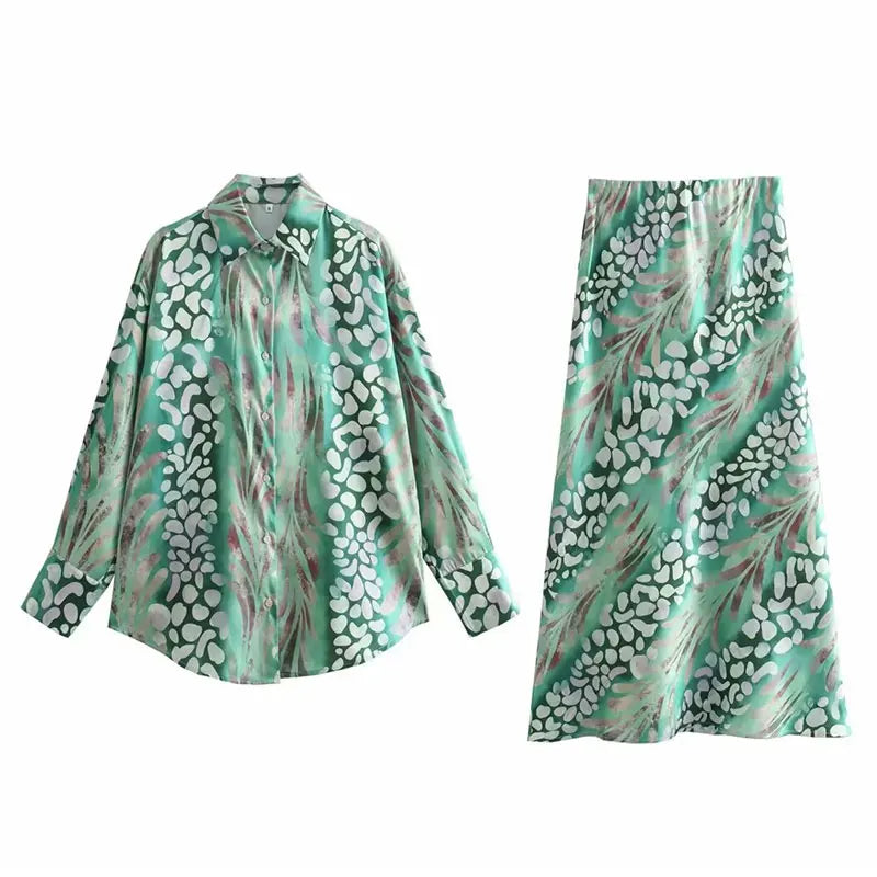 HH 2025 Spring Women Fashion 2 Piec Suits Satin Lapel Loose Woman Shirt Top + Vintage Folds Holiday Style Female Skirt
