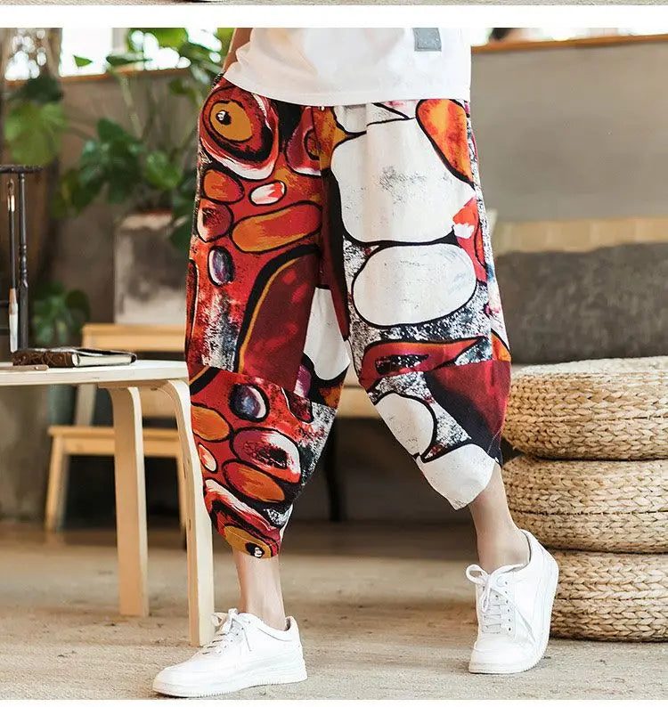 Men's Casual Cotton Linen Seven-Foot Pants Summer plus Size Lantern Loose Fit Shorts Harlan Style Comfortable Breathable Leis...