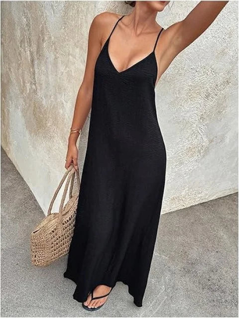 Elegant Simple Backless Sexy Hollow Sleeve Long Dress Women's Straight Tube Skirt Travel Sleeveless Strap Dress Casual High W...
