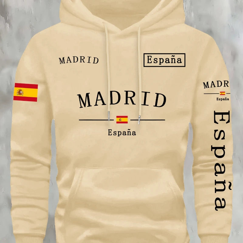 Spanish Flag Madrid Print Men Women Hooded Sweatshirt Autumn Winter Daily Outdoor Vacation Fitness Casual Loose Warm Sportswear