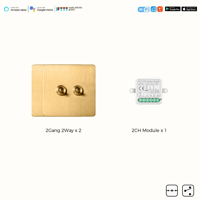 Avoir Tuya Smart Life Home Control Mini Wifi Module Wireless Gold Light Switches 1-4 Gang 2 Way Alexa Rocker Toggle Switch 220V