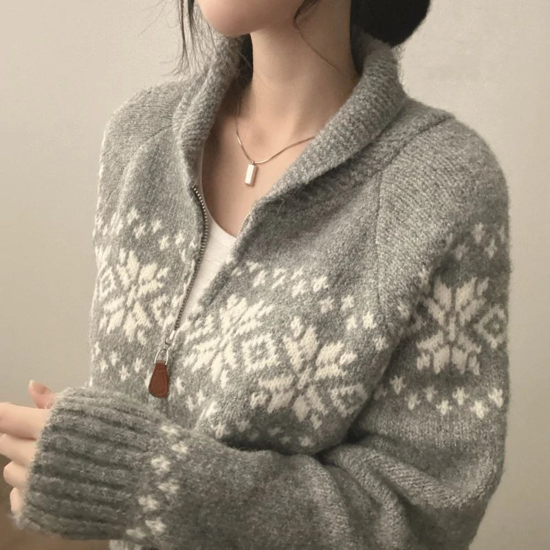 New Autumn Winter Women Fashion Elegant Knitwear Long Sleeve Sweater Fall Korean Style Casual Knitted Top Zipper Lapel Jacket
