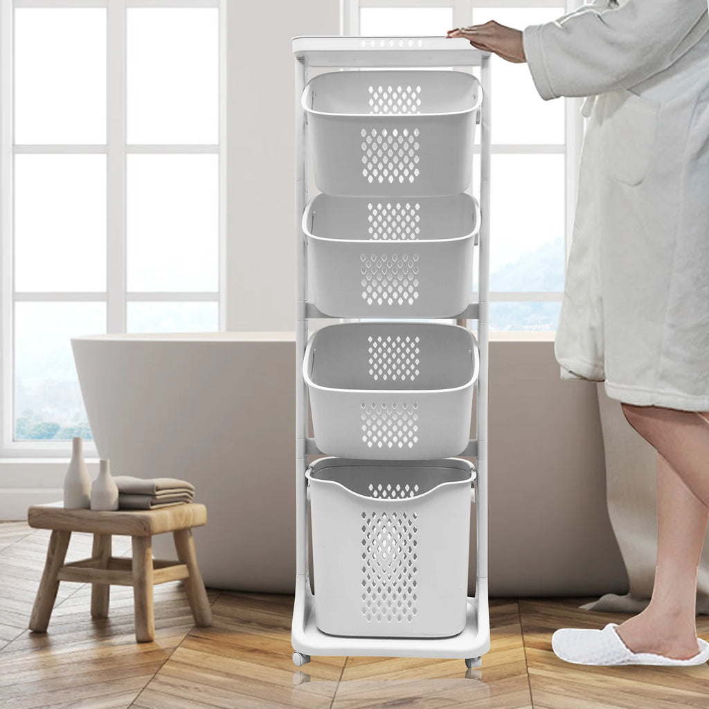 2/4 Tier Laundry Basket Cart Removable Rolling Cart Storage Buckets Plastic Hamper with 4 Wheels Organizer Portable Sort
