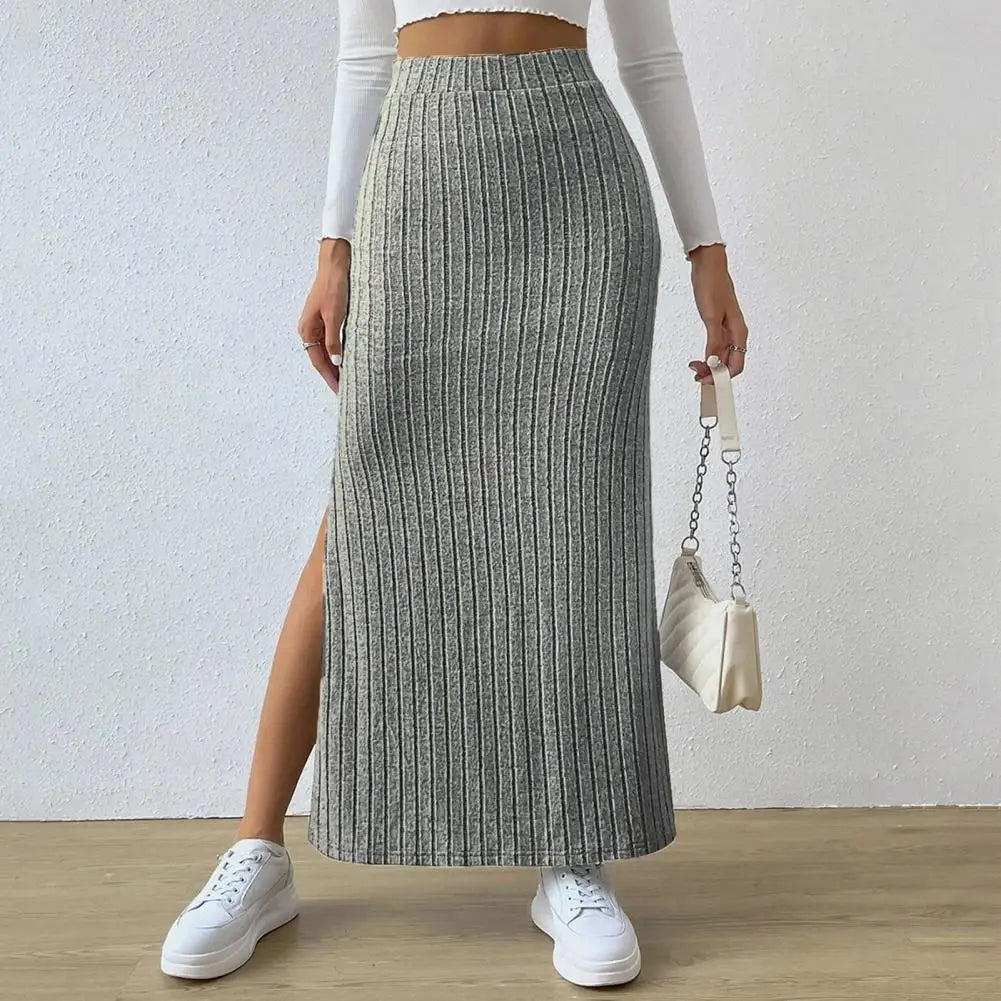 Women Maxi Ribbed Skirt High Waist Side Slit Knitting Skirt Solid Color Long Skirt Streetwear Women Outdoor Wear Skirts