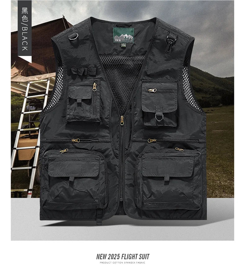Mesh Men's Fishing Vest Multi Zip Pocket Hiking Waistcoat Male Light Thin Outdoor Sleeveless Jacket Work Summer Travel Plus Size