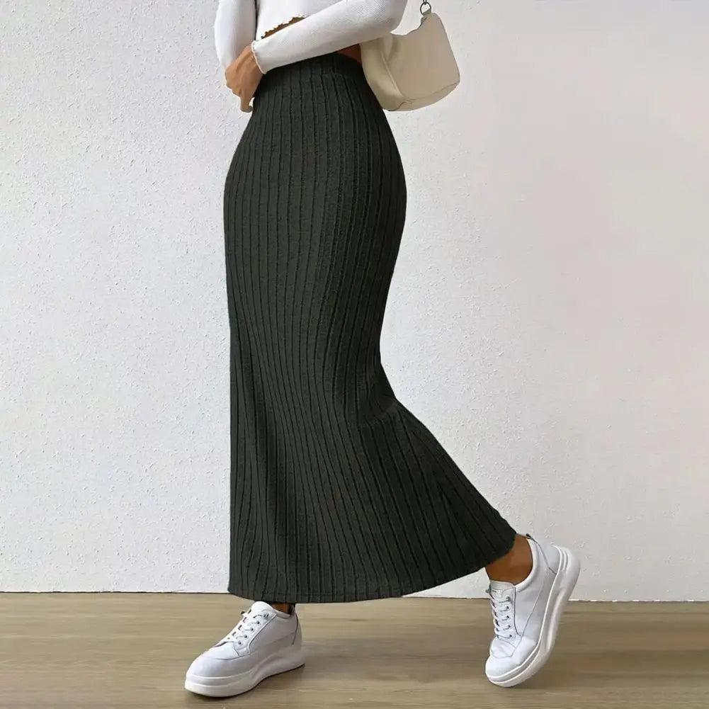 Long Skirt with Side Slits Breathable Maxi Skirt Elegant Ribbed Maxi Skirt with Side Slits High-waisted Solid Color for Autumn