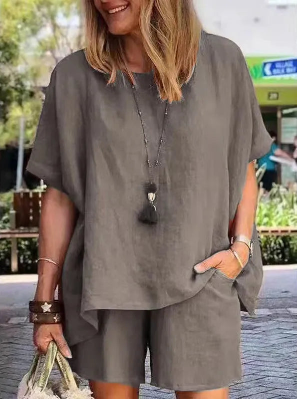 Ladies Shorts Suit Fashionable Summer Women's Elegant Solid Color Pullover Loose Cotton Linen Short Sleeved Shorts Two-piece Set