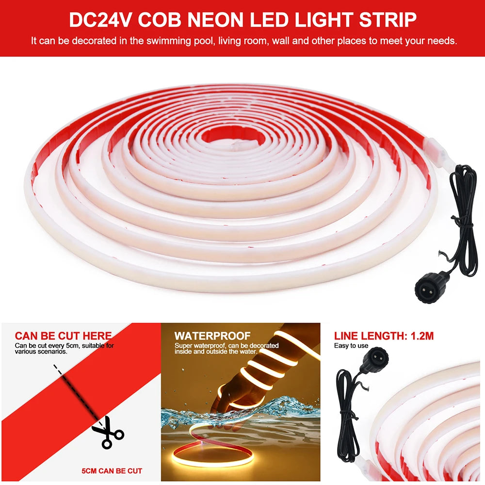 Solar Neon Light Strip 24V COB Waterproof IP68 Flexible LED Tape Red Green Blue Warm White 320LED/m High Density Linear Lighting