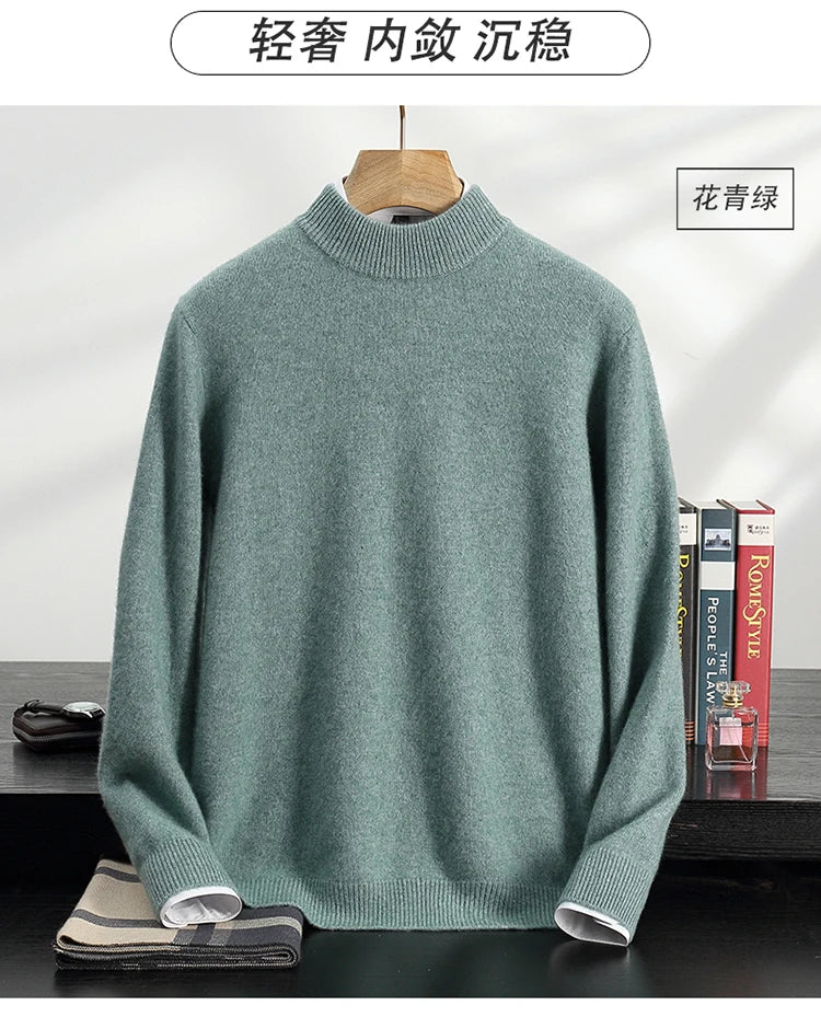 Autumn/Winter Men's 100% Cashmere Pullover Business Casual Solid Knitted Sweater Loose Half High Neck Tops Thick Warm Jumper
