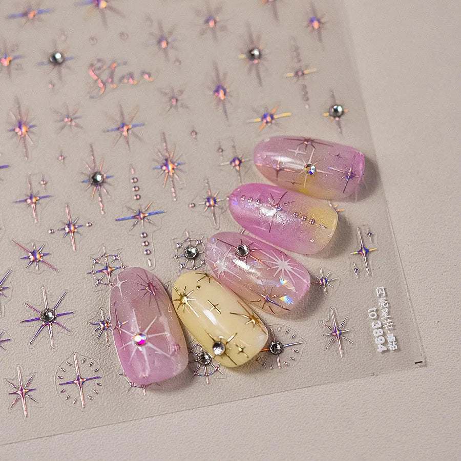 Luxury Diamond Gold Sliver 5D Bronzing Star Nail Sticker Shiny Laser Starlight Nail Decals 8*10cm Self-Adhesive Nail Decorations