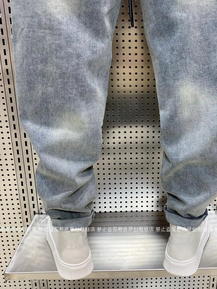 Spring Autumn New Kpop Loose Casual Men's Jeans Pants High-end Brand Loose Straight Pants Elastic Harlan Casual Trendy Dad Jeans
