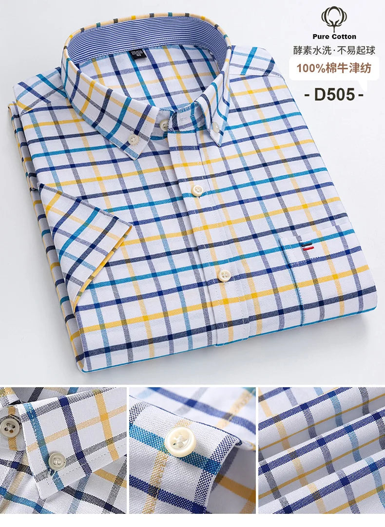 100%Pure Cotton Oxford Men's Shirts Short Sleeve Plaid Soft Regular Fit Formal Dress Shirt Social Blouse Male Clothes 6XL 7XL