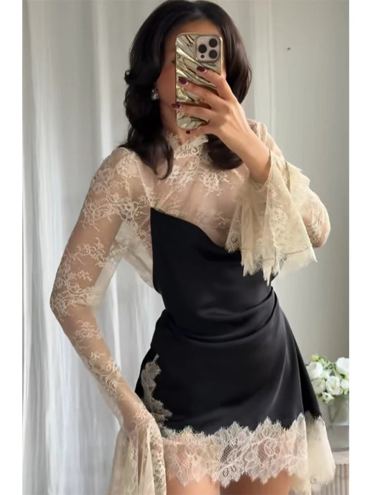 Elegant Sexy Lace Patchwork Mini Dress Women Full Flared Sleeve Waist Cinching See Through Short Dresses Lady Club Party Gowns