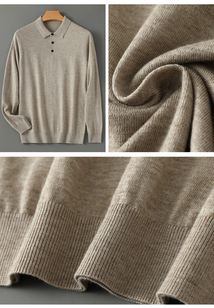 Men's Worsted Wool Kknit Pullover, Business Casual Polo Neck Sweater, Monochromatic Loose Top, Autumn and Winter Fashion, New
