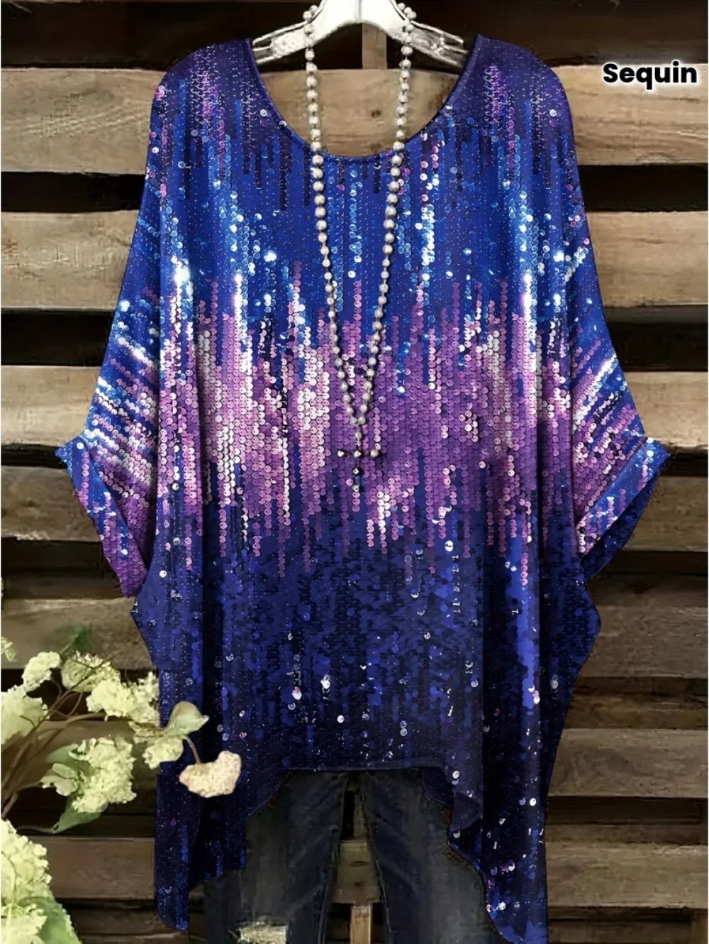 Women's T-Shirts Summer Gradient Sequin Graphics Tops O-Neck Female Vintage Clothing Floral Print Tees Loose Oversized T Shirts