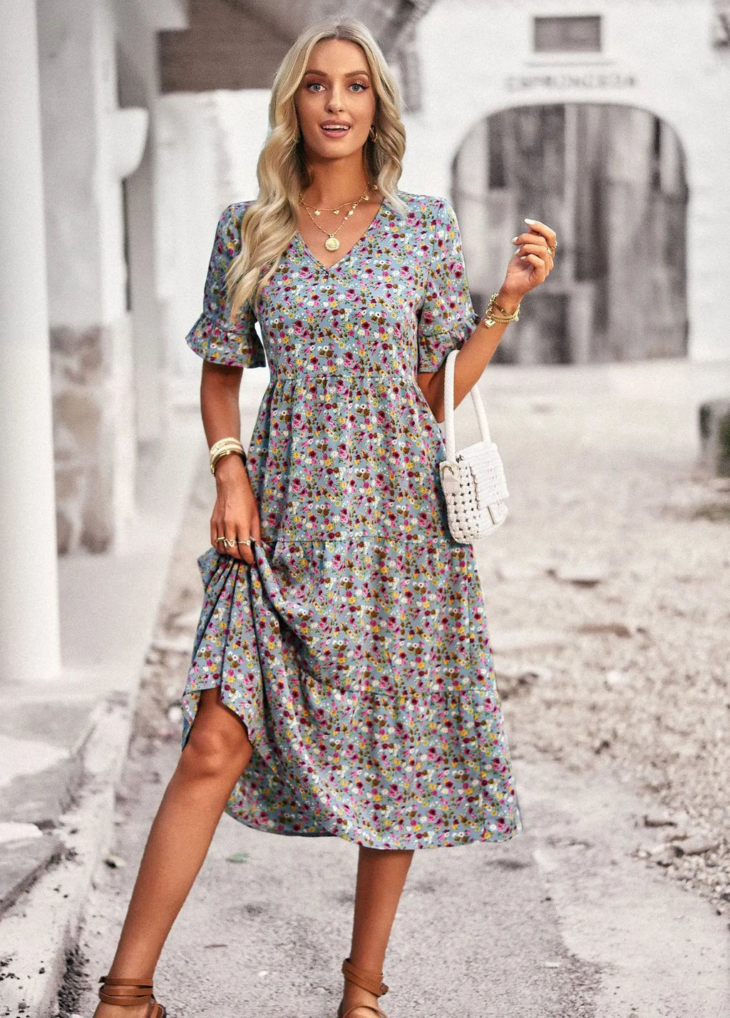 Msfilia Fashion V Neck Elegant Printed Dress Women Summer Short Sleeve High Waist A Line Floral Holiday Dresses