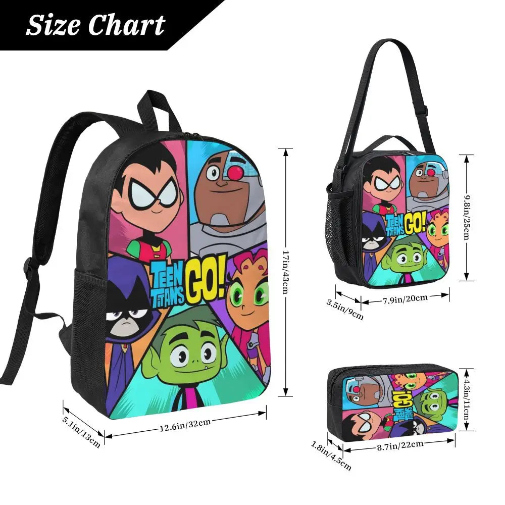 3Pcs Teens Titans Go Beast Boy Backpack Set for Boy Girl Pencil Boxes Bookbag Sets with Lunch Box For School Students Knapsack