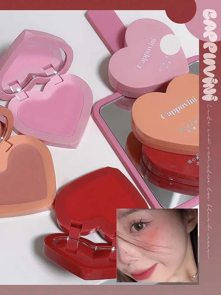 Love Air Cushion Powder Blusher with Mirror Red Rouge Matte Whitening Waterproof Makeup Cheek Tint Contour Peach Blush Cream