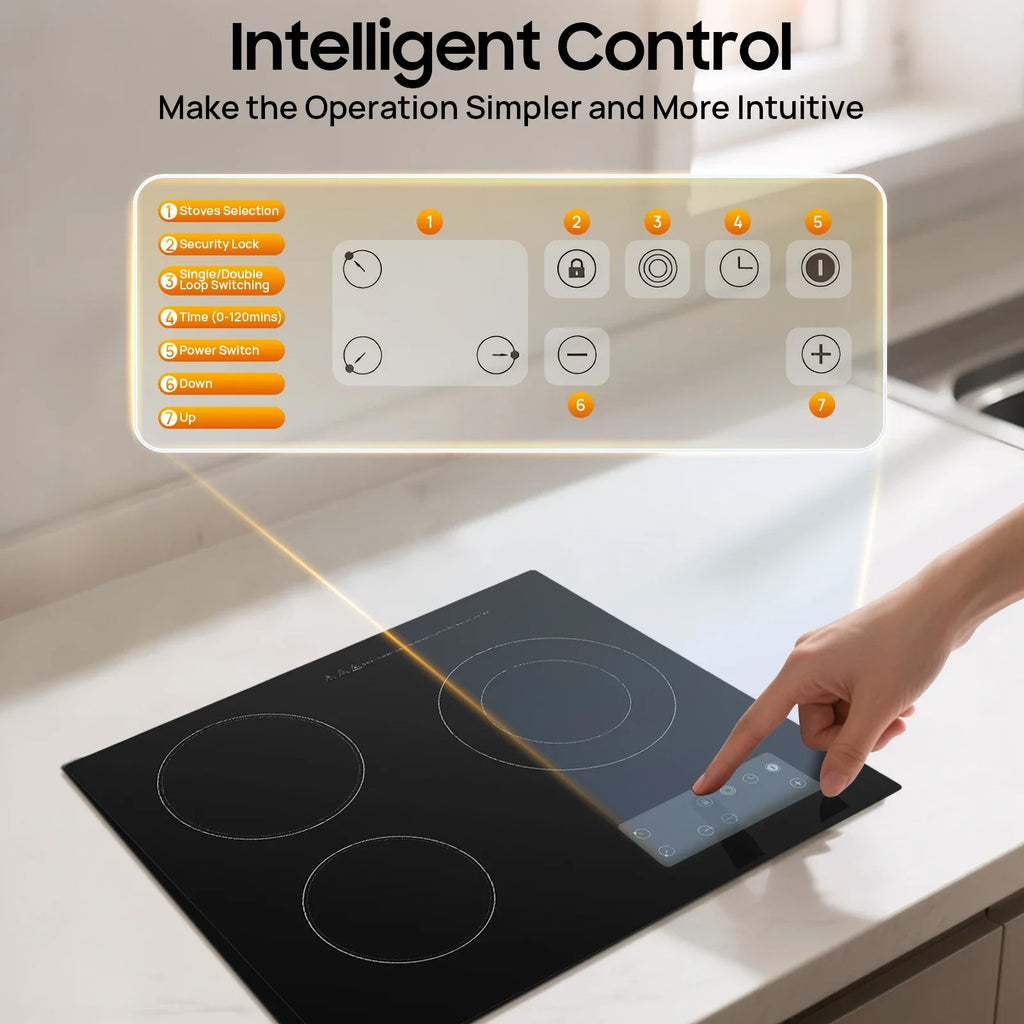 NEWEST Ceramic Cooktop, Electric Cooktop, 3 Burners Radiant Electric Stove Top with Timer, Child Safety Lock, Sensor Touch Control, 2600W 110V