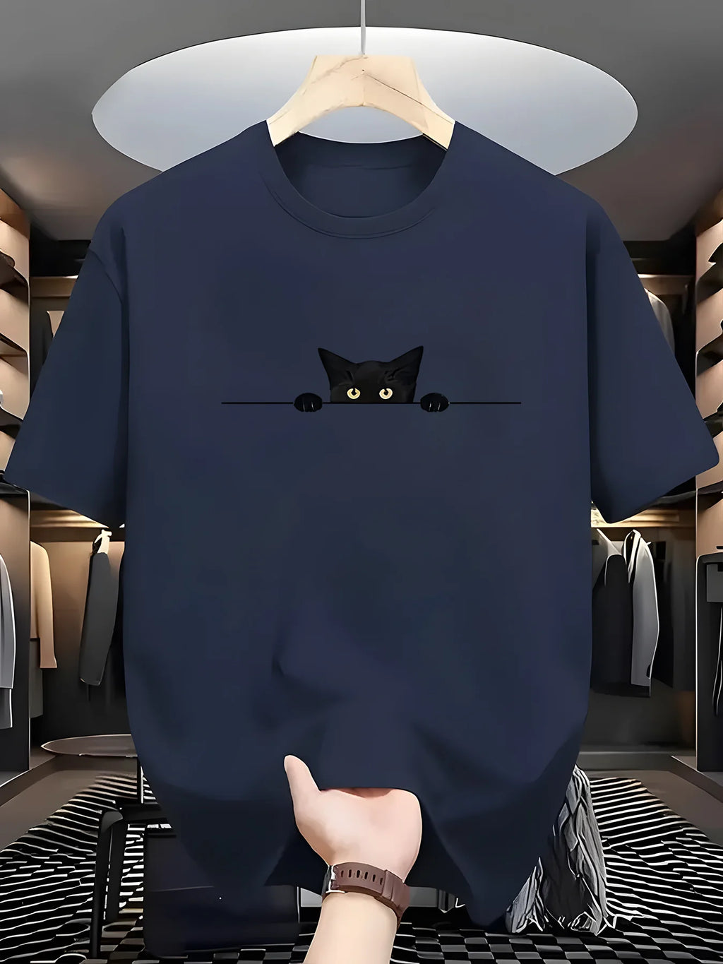 Men's Summer 100% Cotton Fashionable Casual Loose Large Cute Cat Pattern Printed Round Neck Short Sleeve T-shirt Top