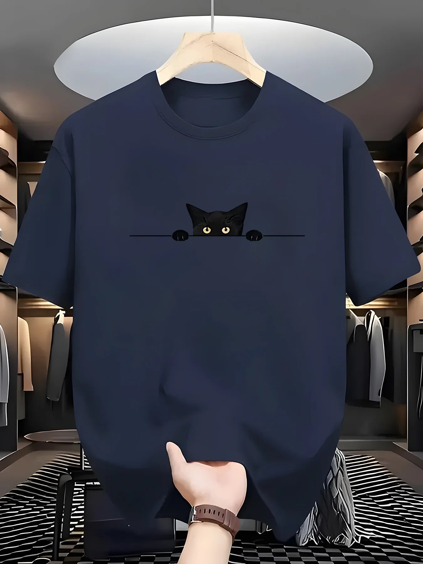 Men's Summer 100% Cotton Fashionable Casual Loose Large Cute Cat Pattern Printed Round Neck Short Sleeve T-shirt Top