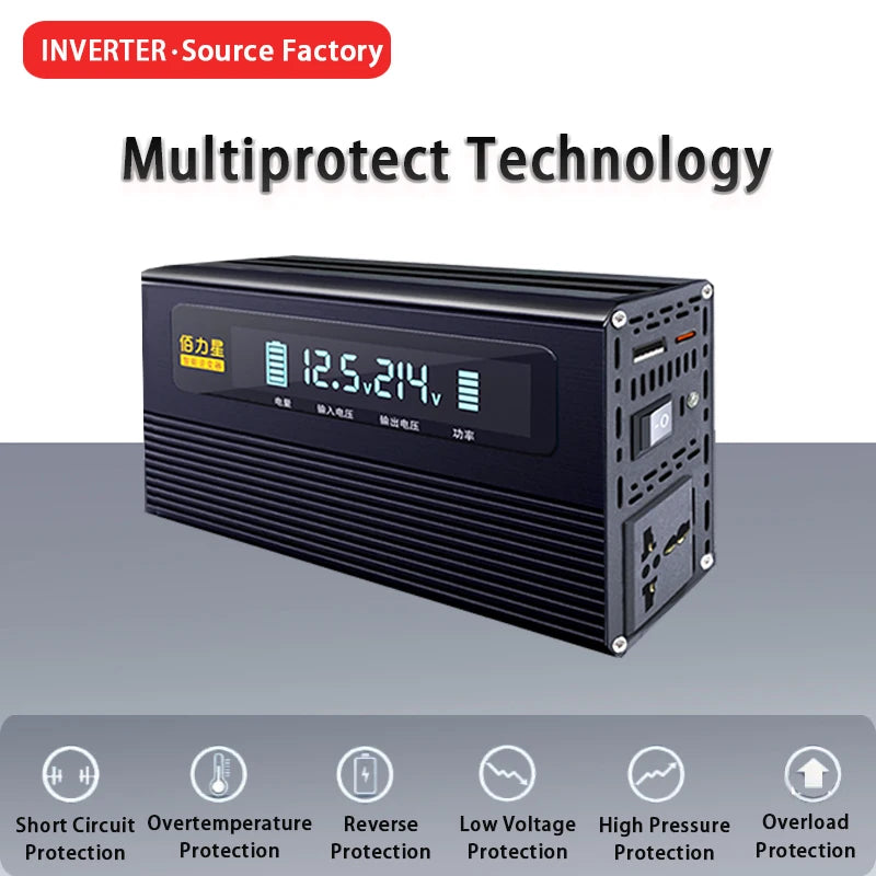 12V 24V To 220V 1000W Power Inverter LCD Display EU Socket Solar Inverter USB Type-c Fast Charging for Phone Laptops Car