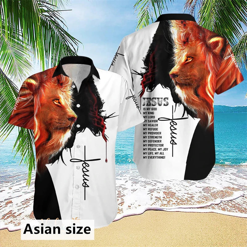 Jesus Cross Lion Graphic Men Shirt Fashion 3D Printed Christian Button Lapel Hawaiian Shirts Summer Street Short Sleeves Tops