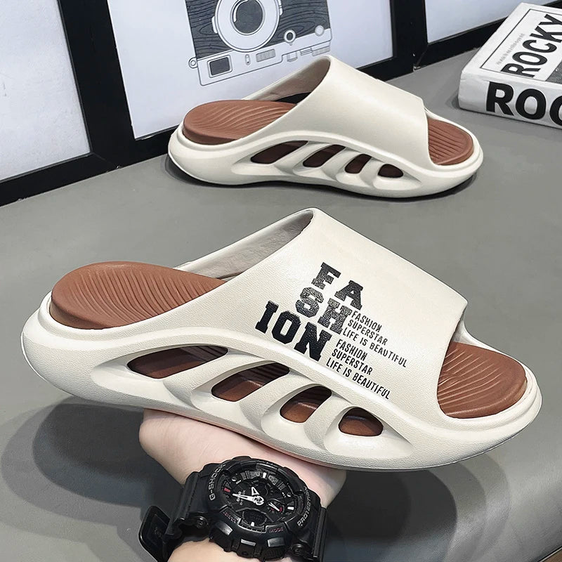 New Summer Men's Slippers 2026 EVA Soft Sole Male Slides Breathable Hollow Beach Sandals Light Comfortable Indoor Flip Flop