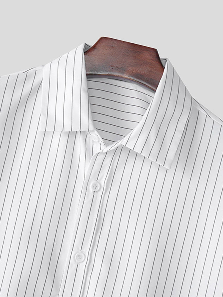 Trendy Long Sleeve Crop Shirts For Men's Spring Autumn Outdoor Casual Striped Printing Shirt Men Clothes Vintage Lapel Cardigan